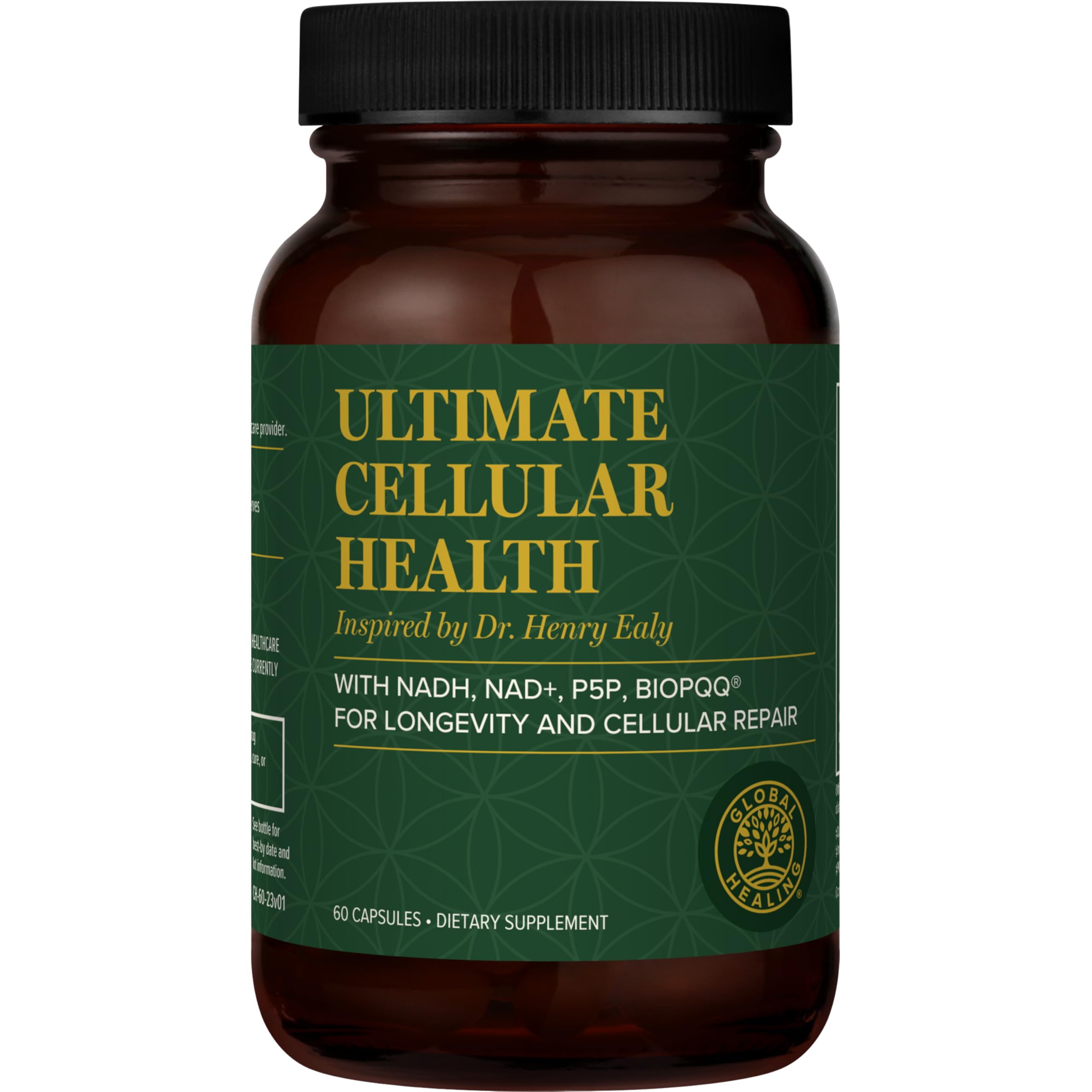 Global Healing Center Ultimate Cellular Health bottle demonstrates NAD+ support for daily energy.