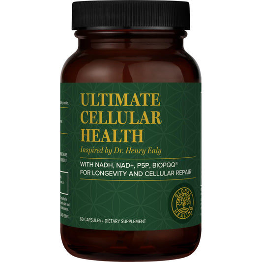 Global Healing Center Ultimate Cellular Health bottle demonstrates NAD+ support for daily energy.