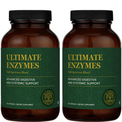 Global Healing Center Ultimate Enzymes bottle front with capsules for everyday digestion support.
