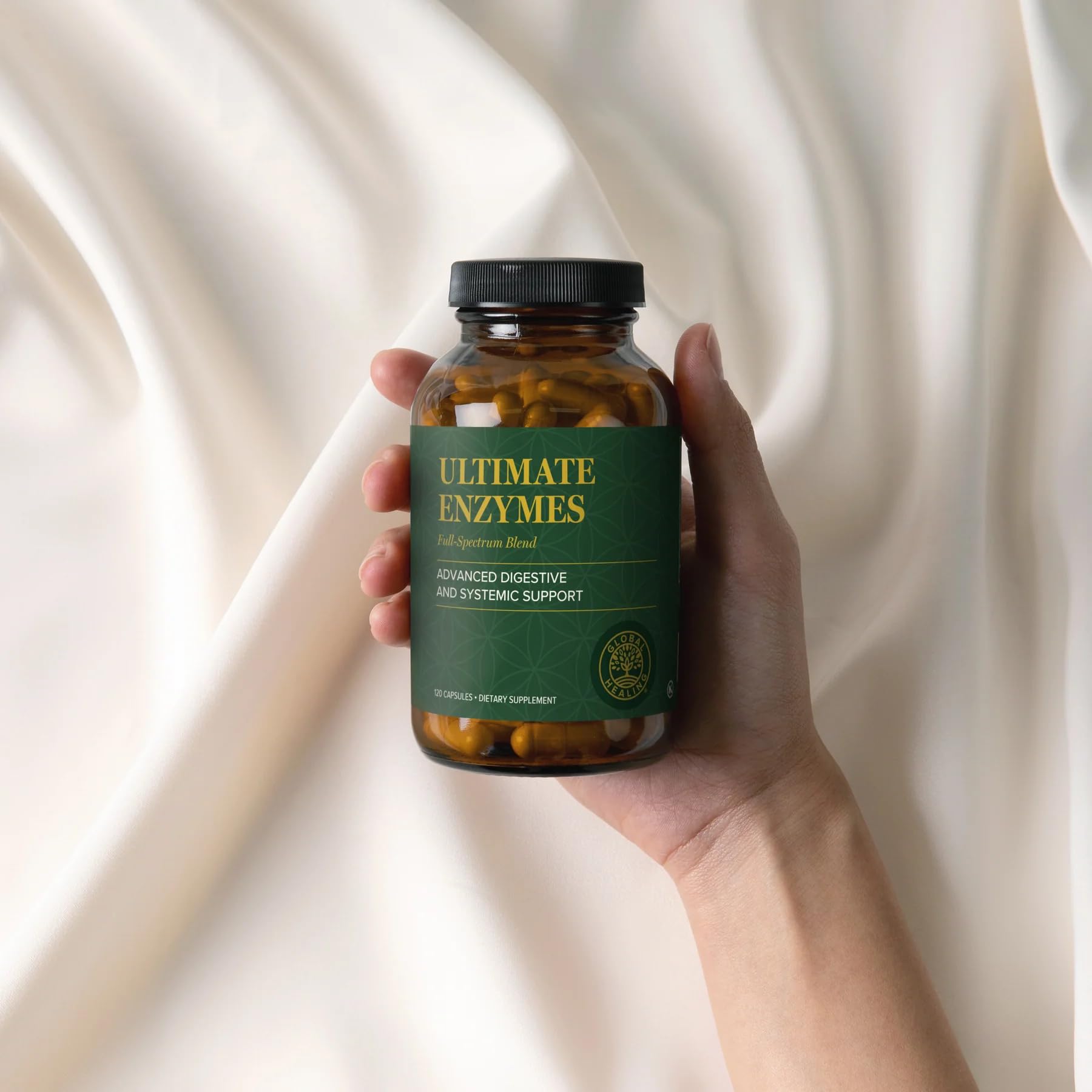 Global Healing Center Ultimate Enzymes glass bottle with 120 capsules demonstrates convenient daily digestion aid.