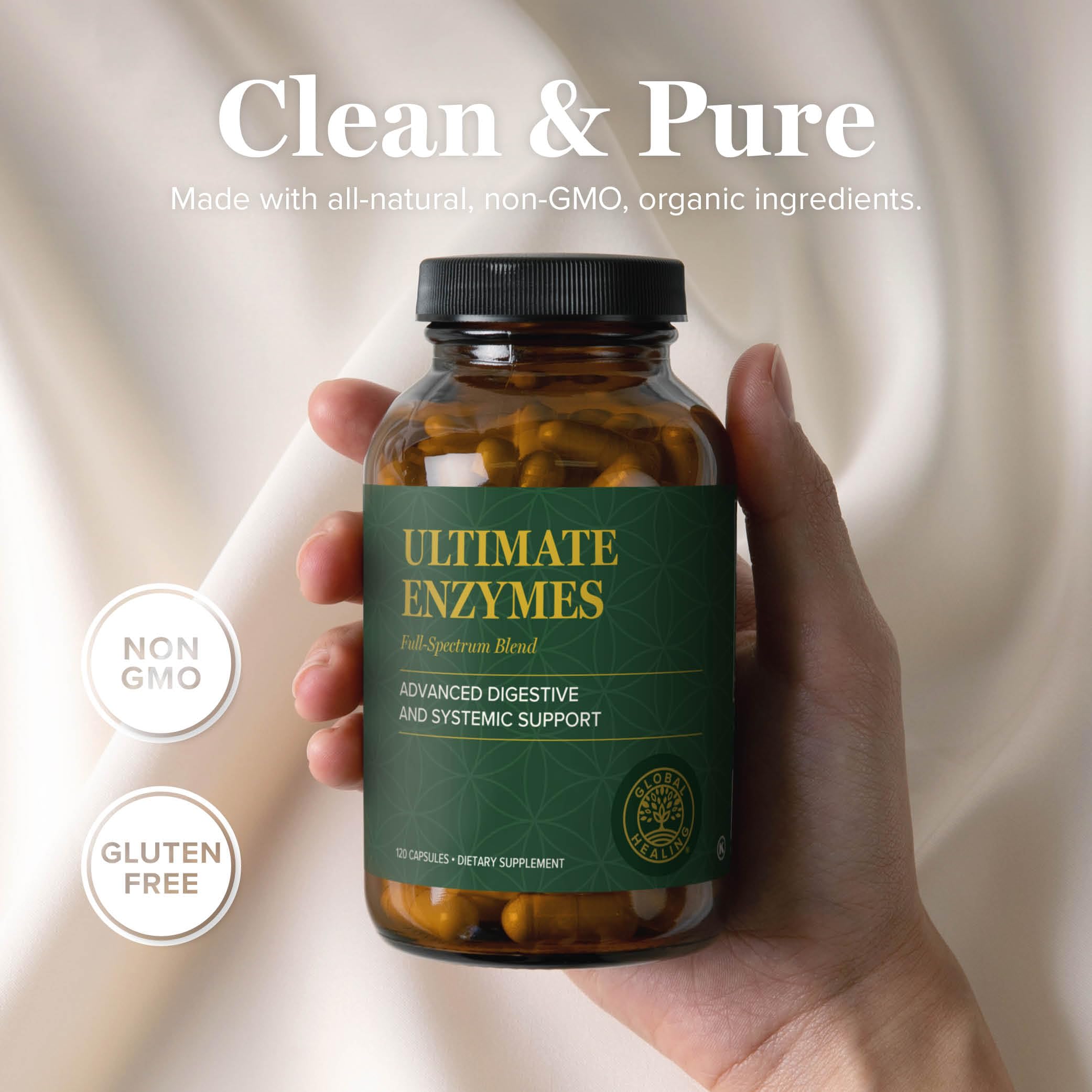 Global Healing Center Ultimate Enzymes ingredient chart shows broad vegetarian enzyme spectrum.