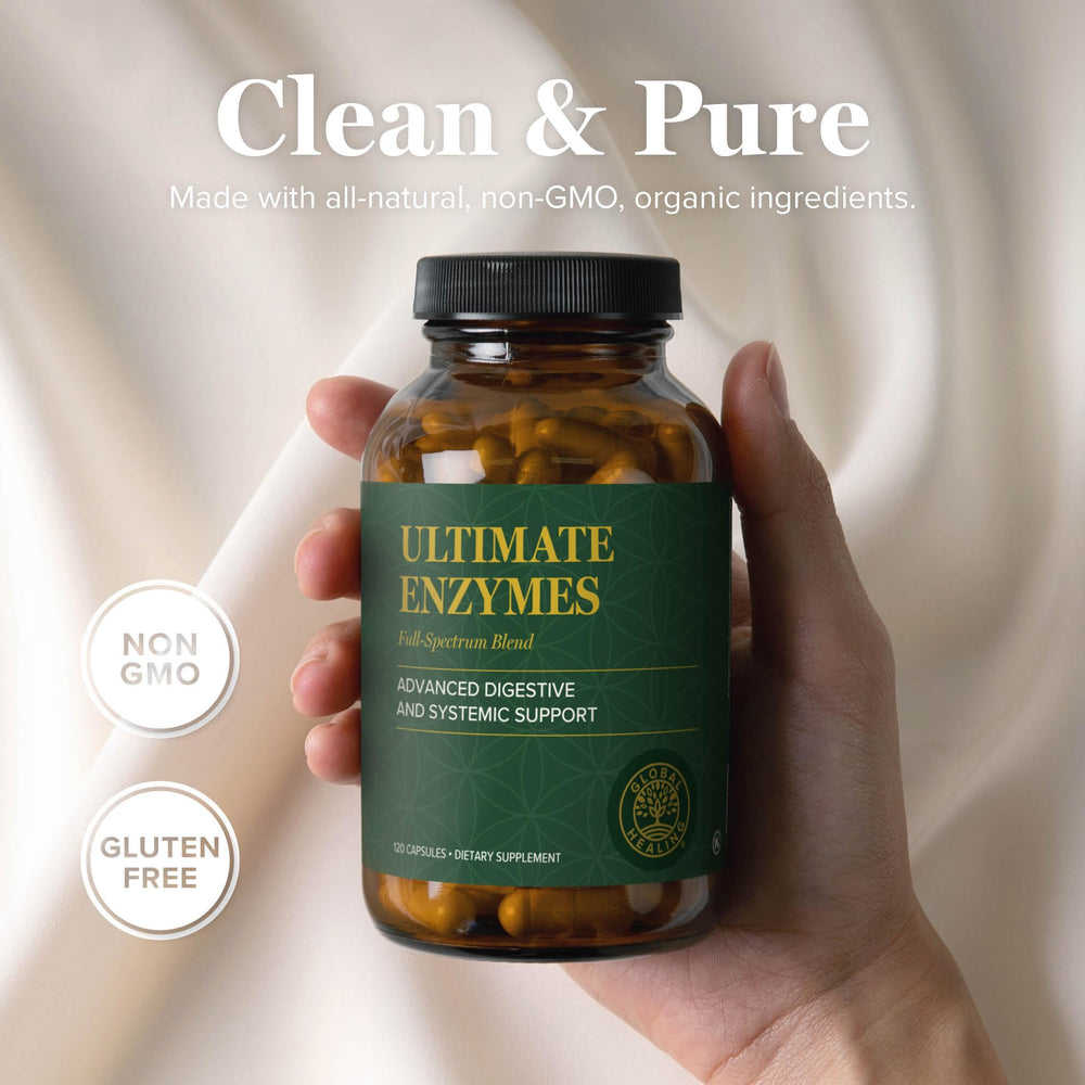 Global Healing Center Ultimate Enzymes ingredient chart shows broad vegetarian enzyme spectrum.