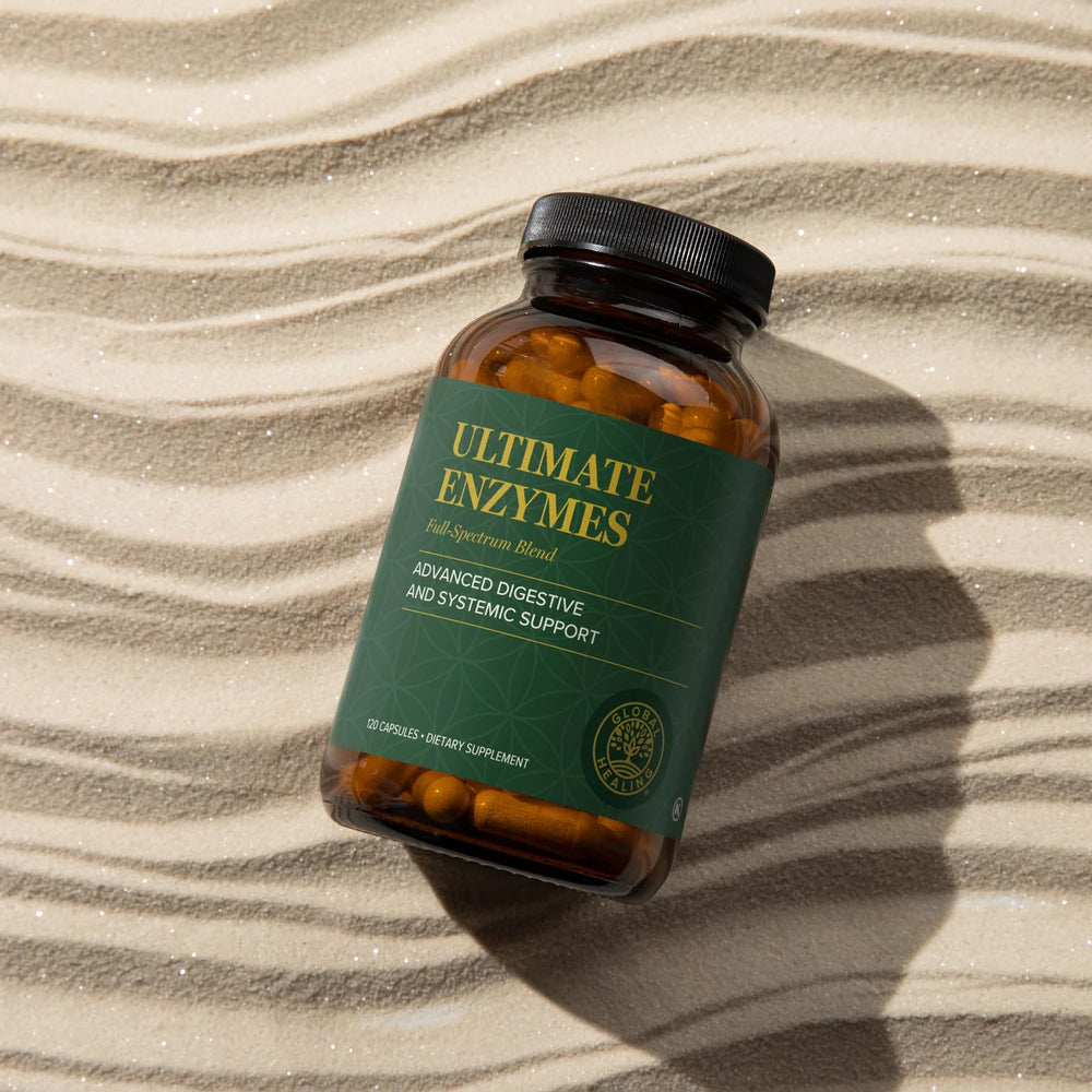 Global Healing Center Ultimate Enzymes ingredients label highlighting vegan, gluten-free, and dairy-free formula.