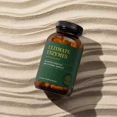 Global Healing Center Ultimate Enzymes ingredients label highlighting vegan, gluten-free, and dairy-free formula.