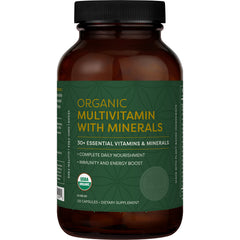 Global Healing Center multivitamin bottle shows USDA Organic formula for daily wellness.
