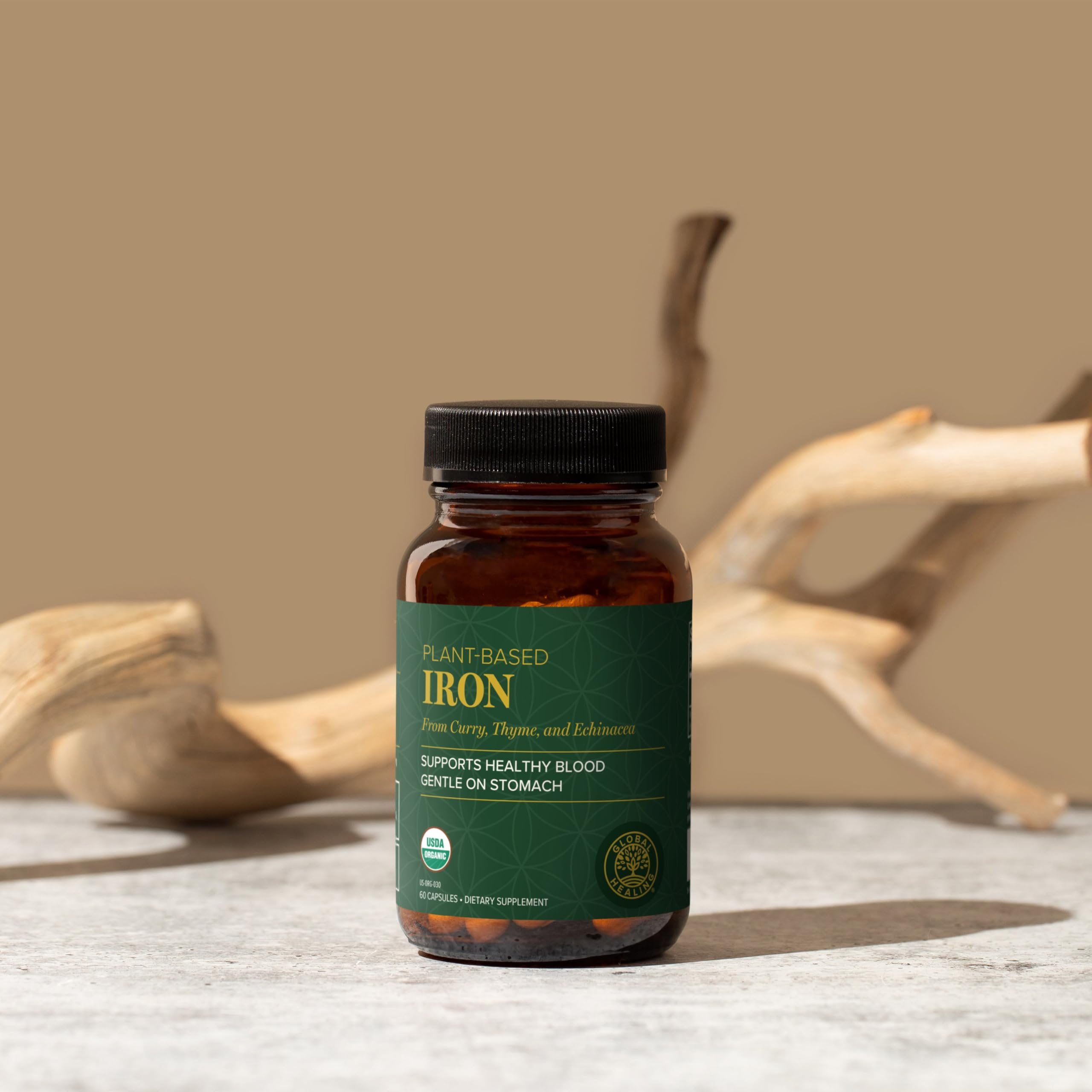 Global Healing Center vegan-safe formula label highlights gluten-free and non-GMO features.
