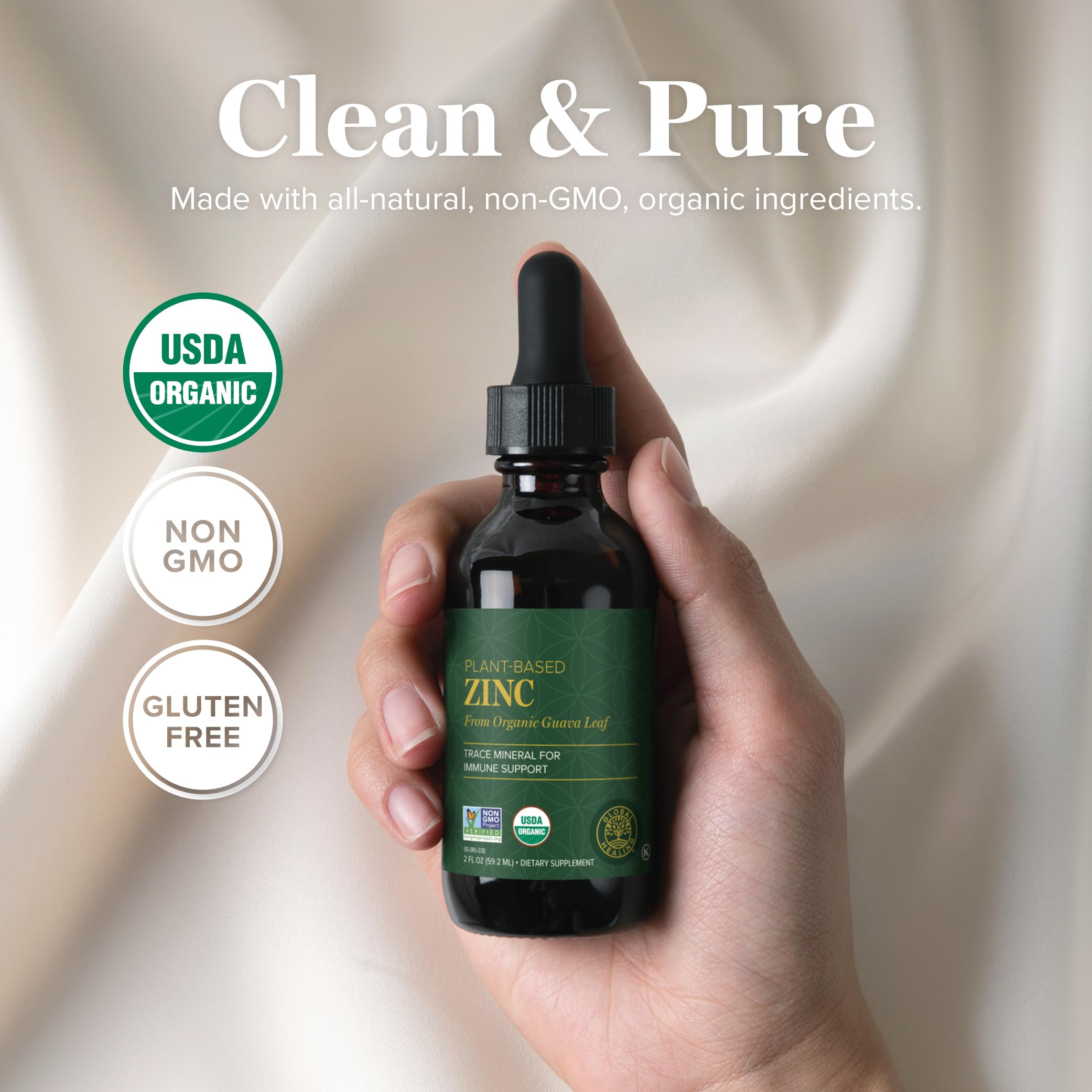 Label close-up shows vegan, organic, non-GMO zinc formula from Global Healing Center.