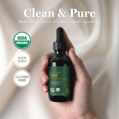 Label close-up shows vegan, organic, non-GMO zinc formula from Global Healing Center.