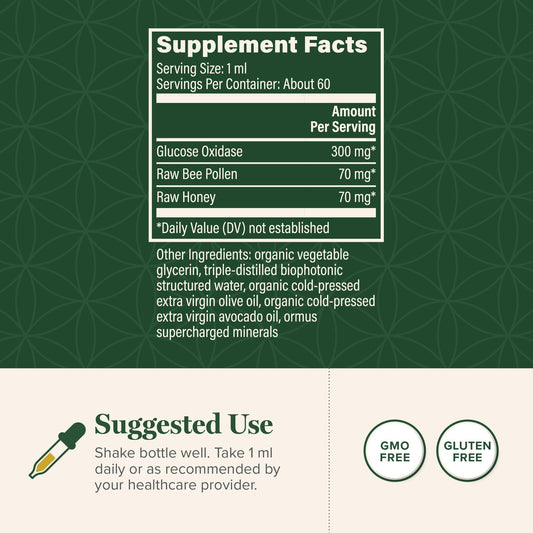 Global Healing Glucose Oxidase amber bottle highlights the natural enzyme blend for daily wellness