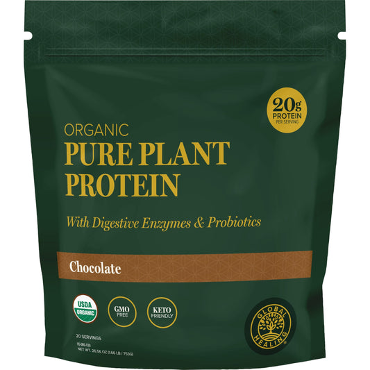 Global Healing Organic Plant Chocolate bottle with a dairy-free shake