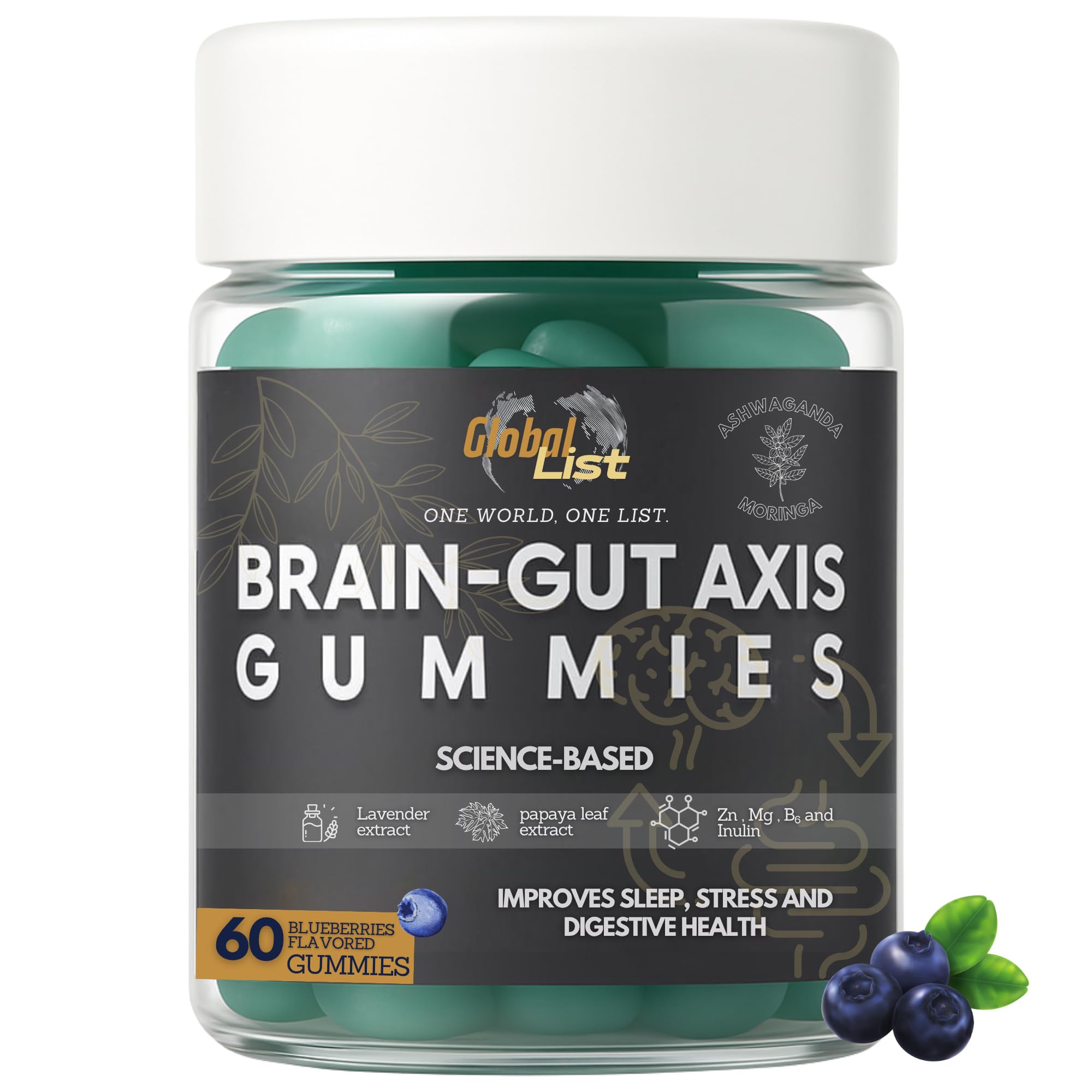 Global-List Gut Health Gummies bottle front for daily digestion support.