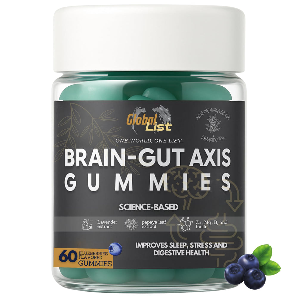 Global-List Gut Health Gummies bottle front for daily digestion support.