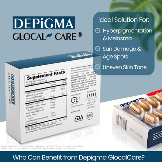 GlocalCare Depigma bottle back with dosage and safety notes.