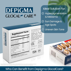 GlocalCare Depigma bottle back with dosage and safety notes.