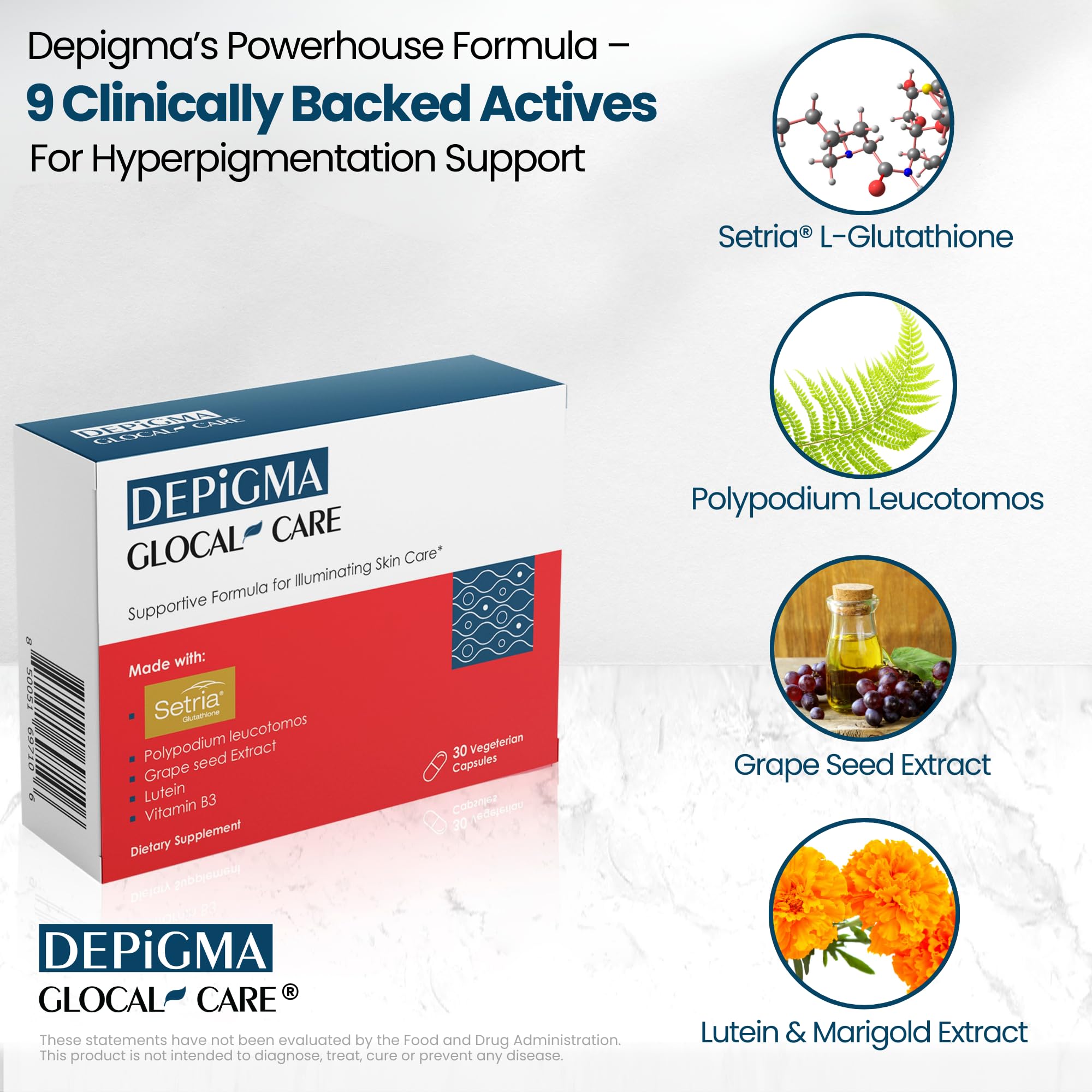 GlocalCare Depigma Polypodium Leucotomos supports skin resilience.