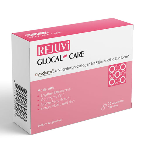 GlocalCare Rejuvi bottle front showing premium vegetarian collagen packaging and branding