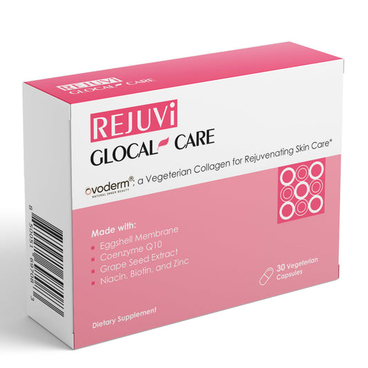 GlocalCare Rejuvi capsules closeup showing vegetarian collagen for skin support and hydration.