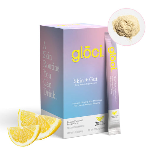 Glōci Skin + Gut DE111 bottle pour supports daily radiance and hydration.