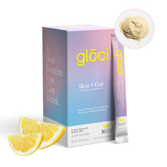 Glōci Skin + Gut DE111 bottle pour supports daily radiance and hydration.