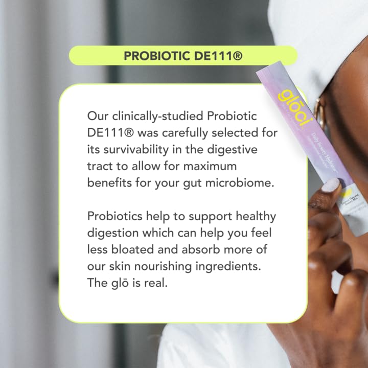 Glōci Skin + Gut lemon powder splash in a glass for flavor and hydration.