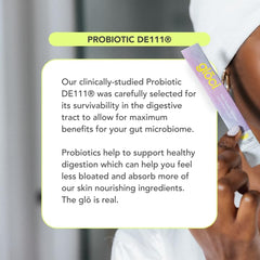 Glōci Skin + Gut lemon powder splash in a glass for flavor and hydration.