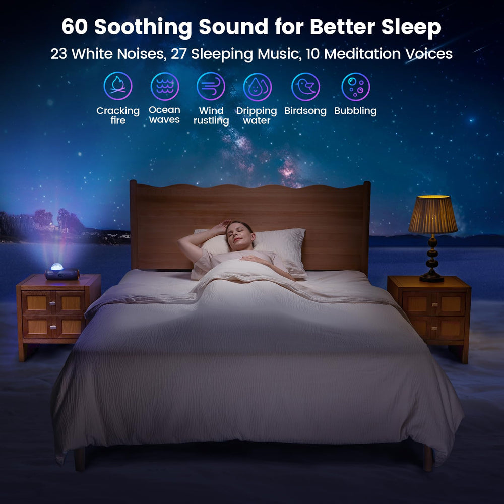 Glocusent Star Projector displays a starry sky across the living space for relaxation.