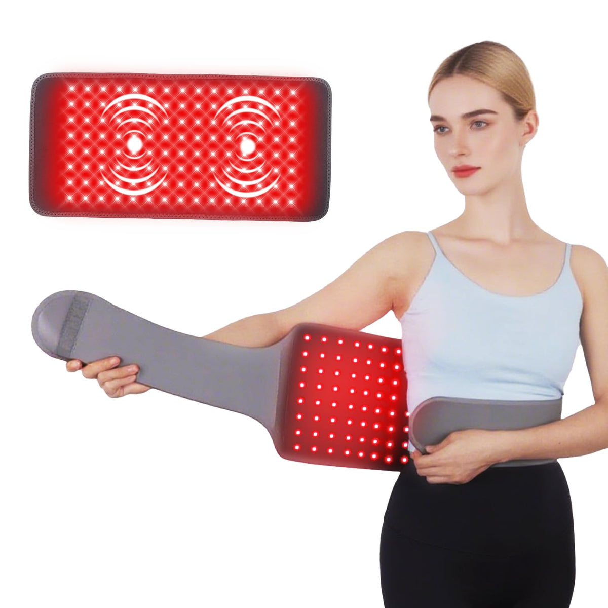 GLOHFAN red light therapy belt front view with adjustable wrap for targeted warmth.