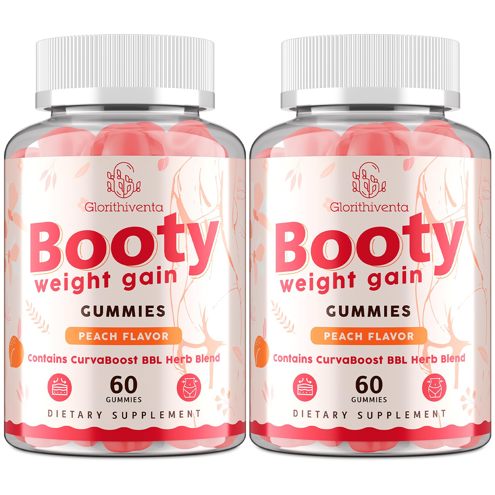 Glorithiventa Booty Gummies package front with peach flavor and zero sugar.