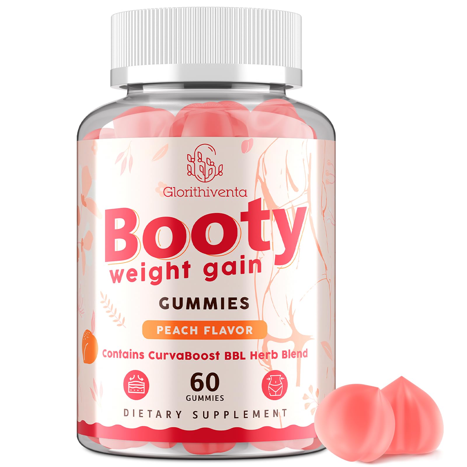 Glorithiventa Booty Gummies peach in a jar, zero sugar and vegan for everyday wellness