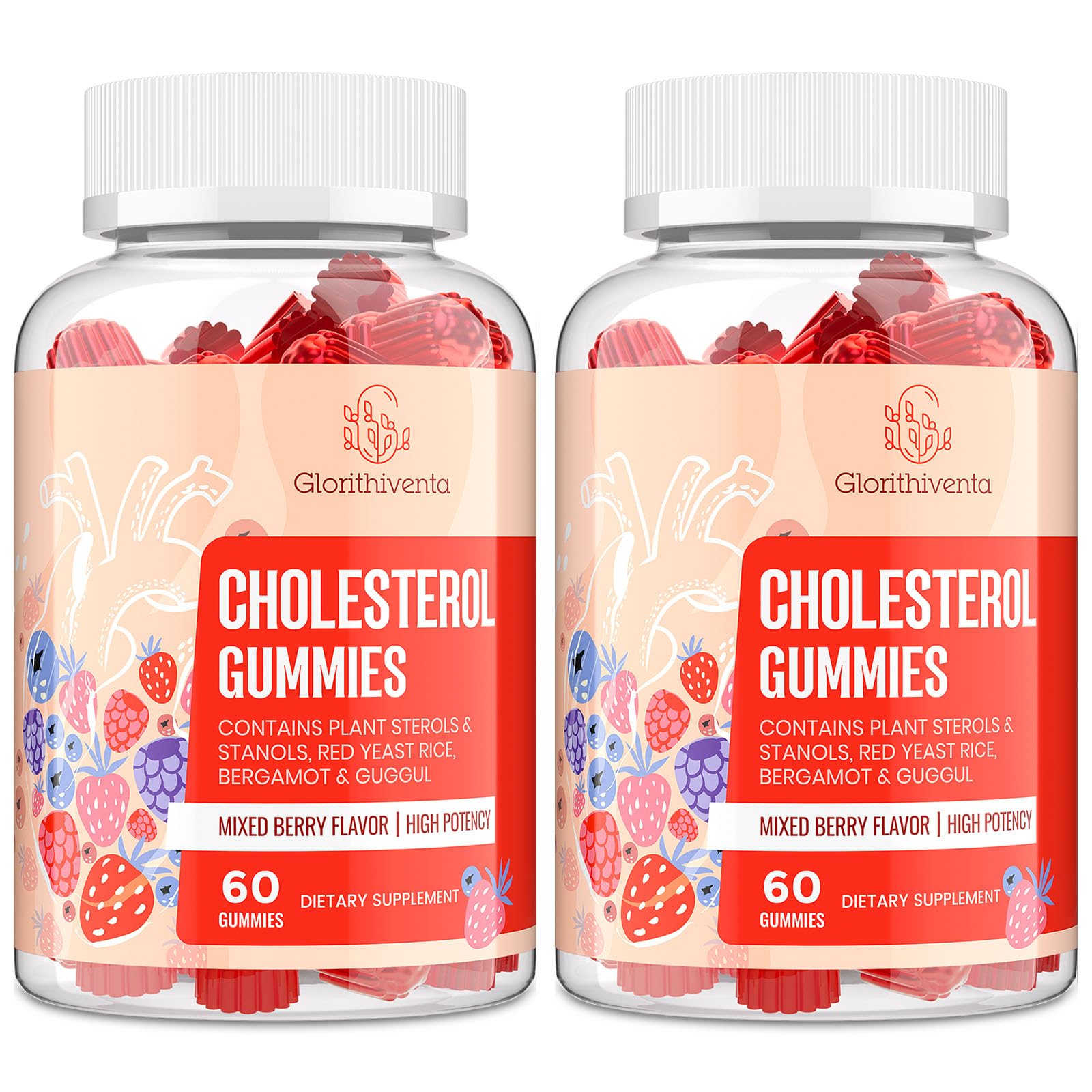 Glorithiventa cholesterol gummies mixed berry bottle for daily use.