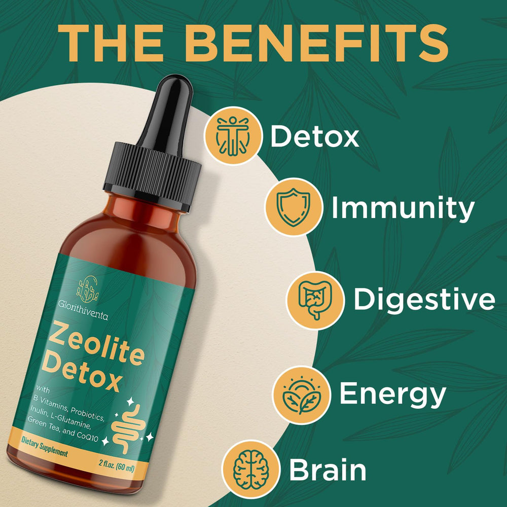 Glorithiventa Zeolite Detox drops poured into a glass to mix with beverages.