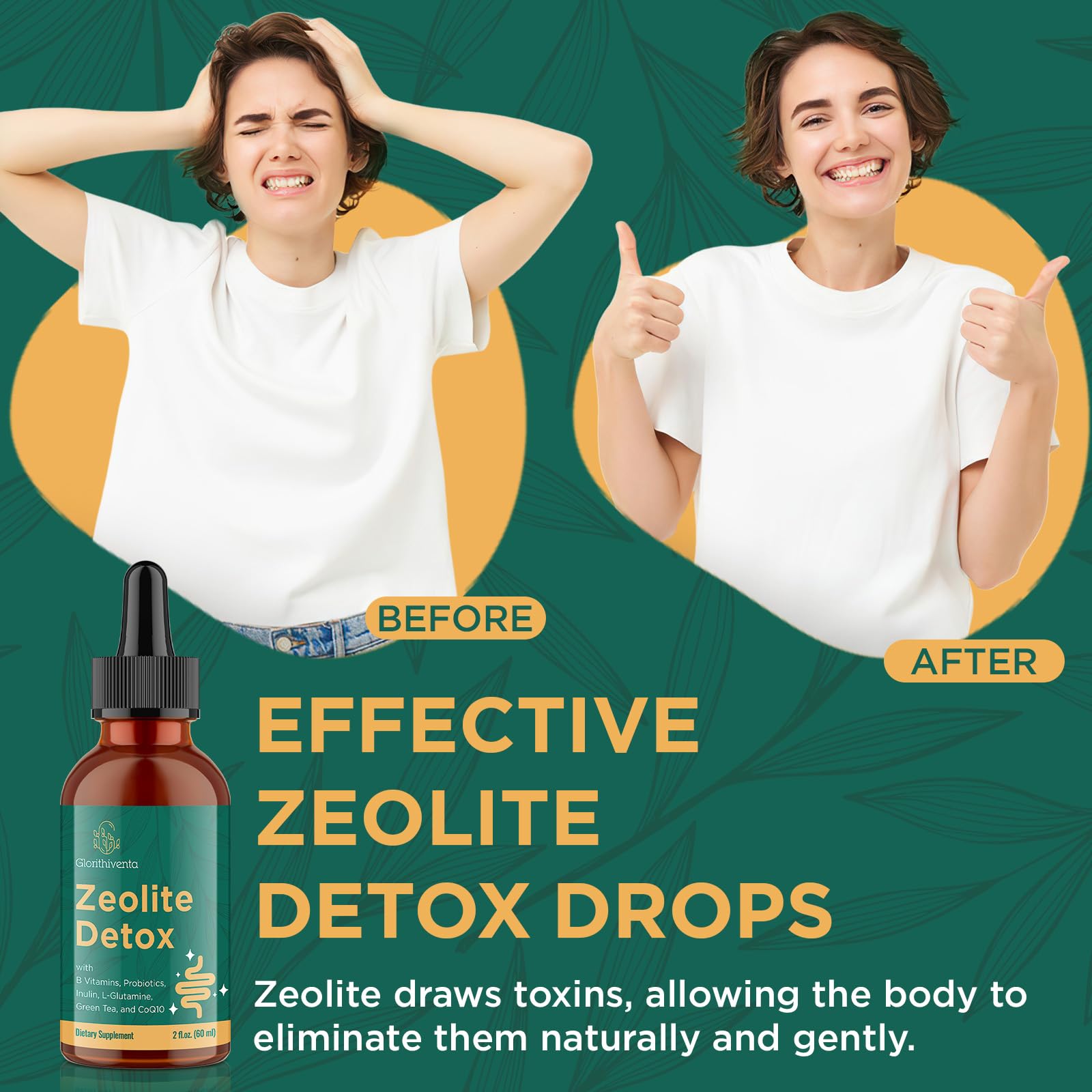 Glorithiventa Zeolite Detox drops with probiotic blend for gut support.