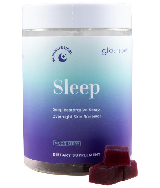 Glotrition Beauty Sleep Gummies bottle supports a calm wind-down for easier sleep.