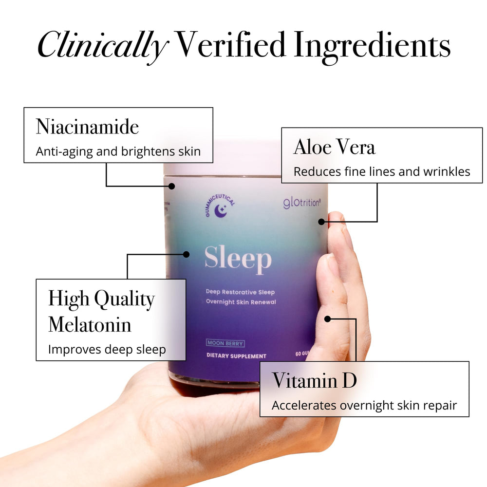 Glotrition Beauty Sleep Gummies label shows melatonin and skin-nourishing components.