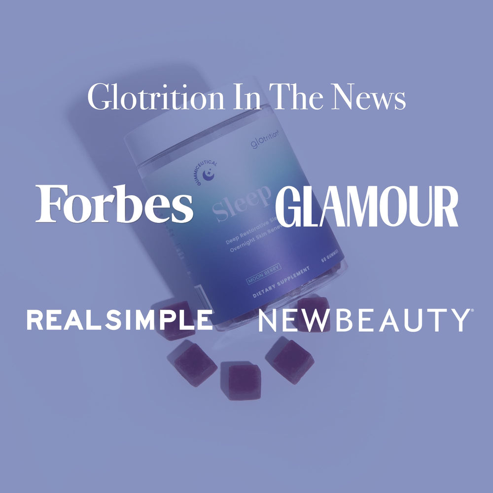 Glotrition Beauty Sleep Gummies on a bedside table signals overnight skincare benefits.