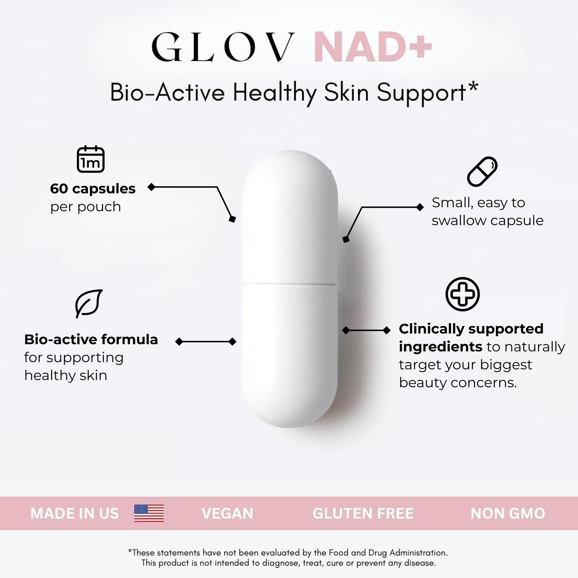 Glov Beauty NAD+ packaging featuring vegan, non-GMO formulation and premium quality.