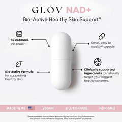 Glov Beauty NAD+ packaging featuring vegan, non-GMO formulation and premium quality.