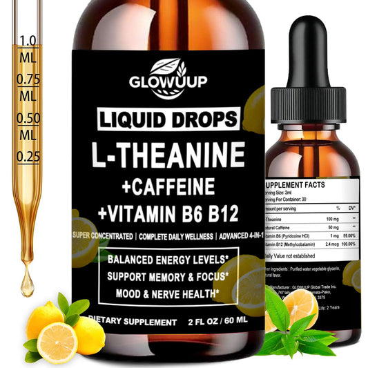 GLOVVUUP L-Theanine Caffeine Drops bottle with lemon flavor for quick, smooth focus.