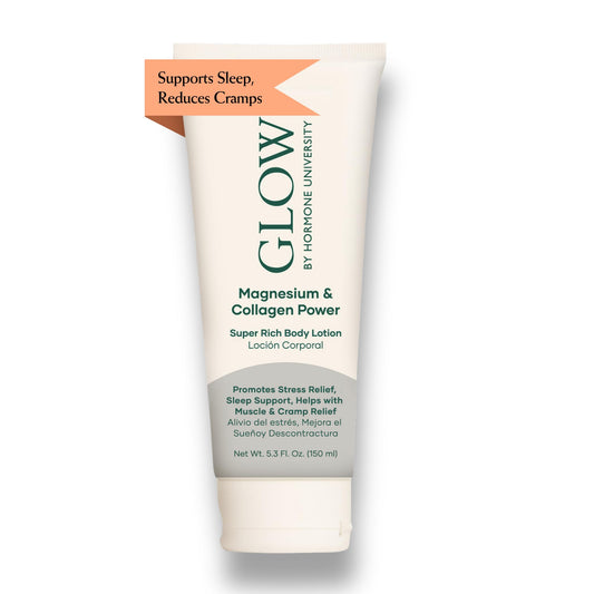 Glow Botanica Glow by Hormone University magnesium lotion bottle close-up for relaxation