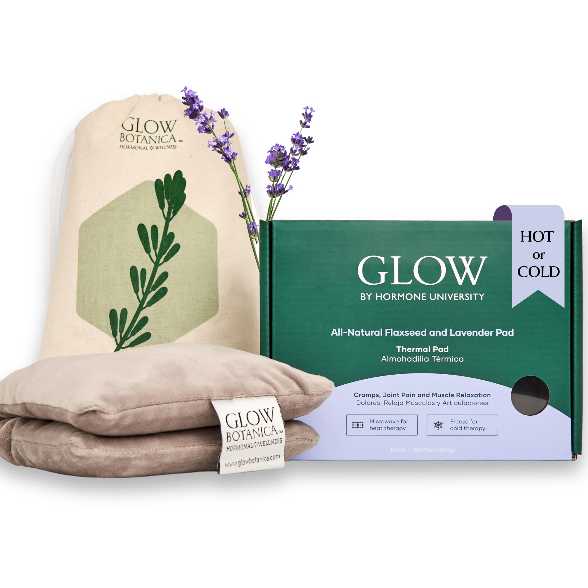 Glow Botanica heating pad with lavender insert for soothing comfort.