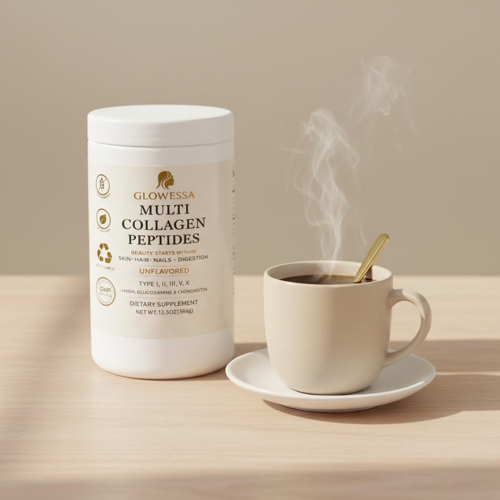 Active woman drinking Glowessa collagen powder during a daily routine