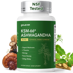 GlowEver Ashwagandha KSM-66 bottle for calm mood and steady energy.