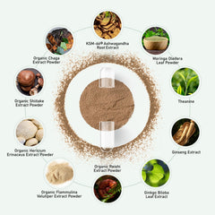 GlowEver Reishi Shiitake Lions Mane Chaga blend for antioxidant support.