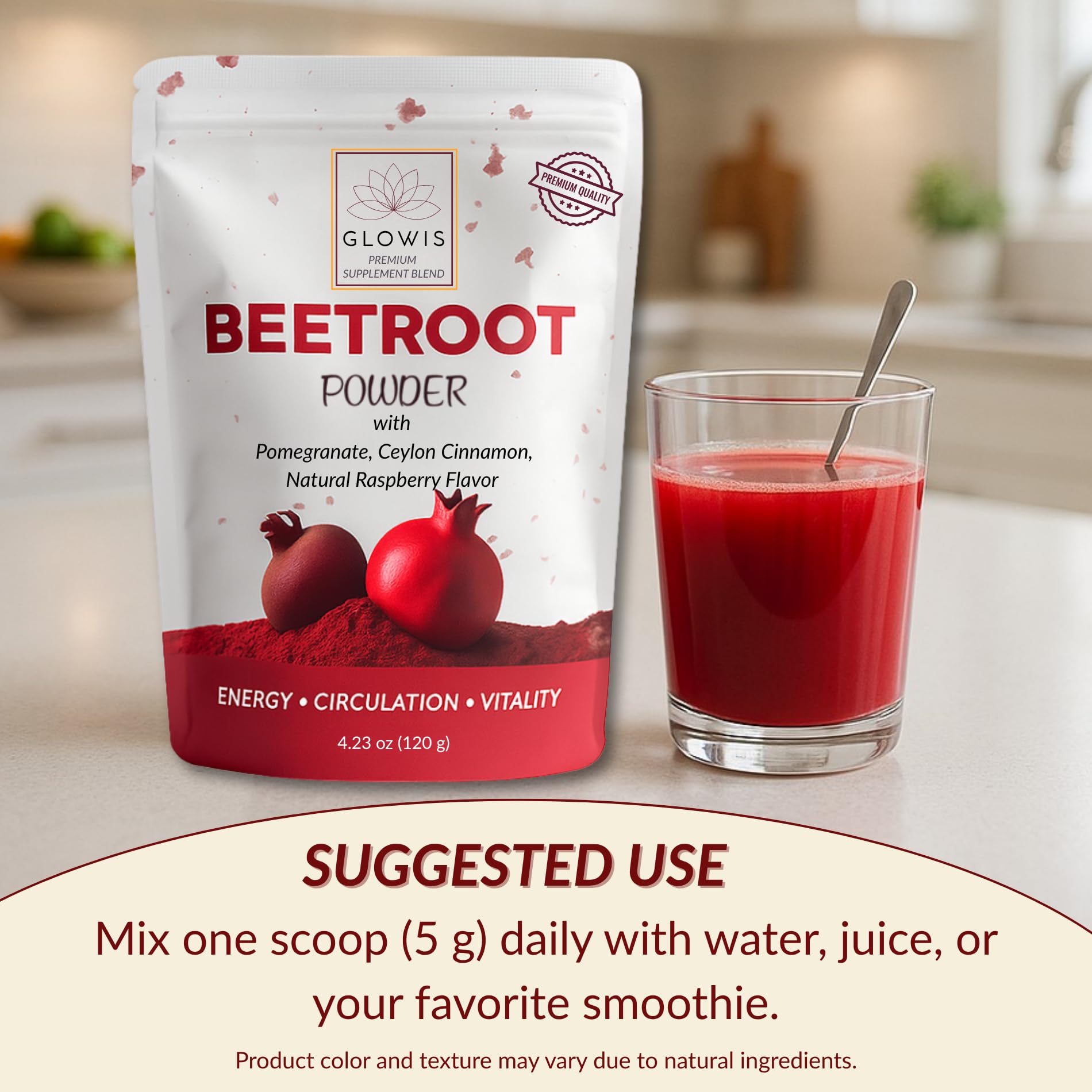GLOWIS beet root powder bottle close-up labeling vegan non-GMO credentials