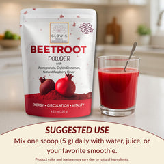 GLOWIS beet root powder bottle close-up labeling vegan non-GMO credentials