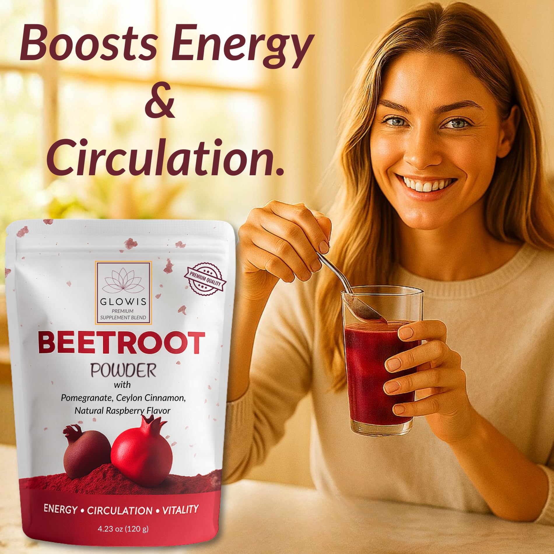 GLOWIS beet root powder daily routine suggesting morning beverage addition