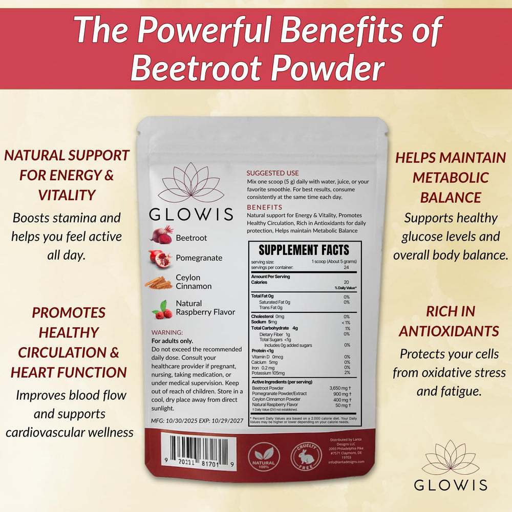 GLOWIS beet root powder dissolving in water for a smooth beverage