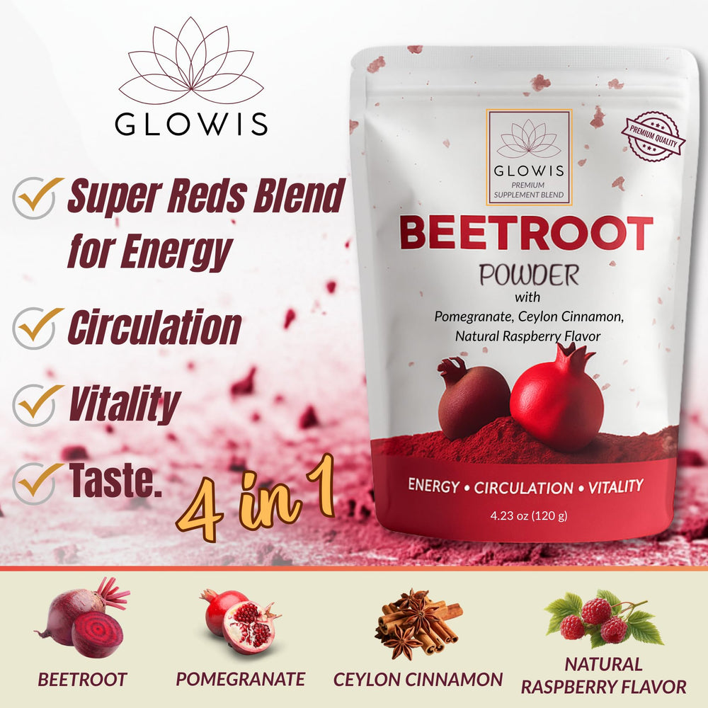 GLOWIS beet root powder scoop-dispense highlighting convenient 5 g serving