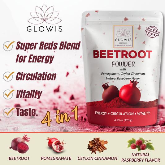 GLOWIS beet root powder scoop-dispense highlighting convenient 5 g serving