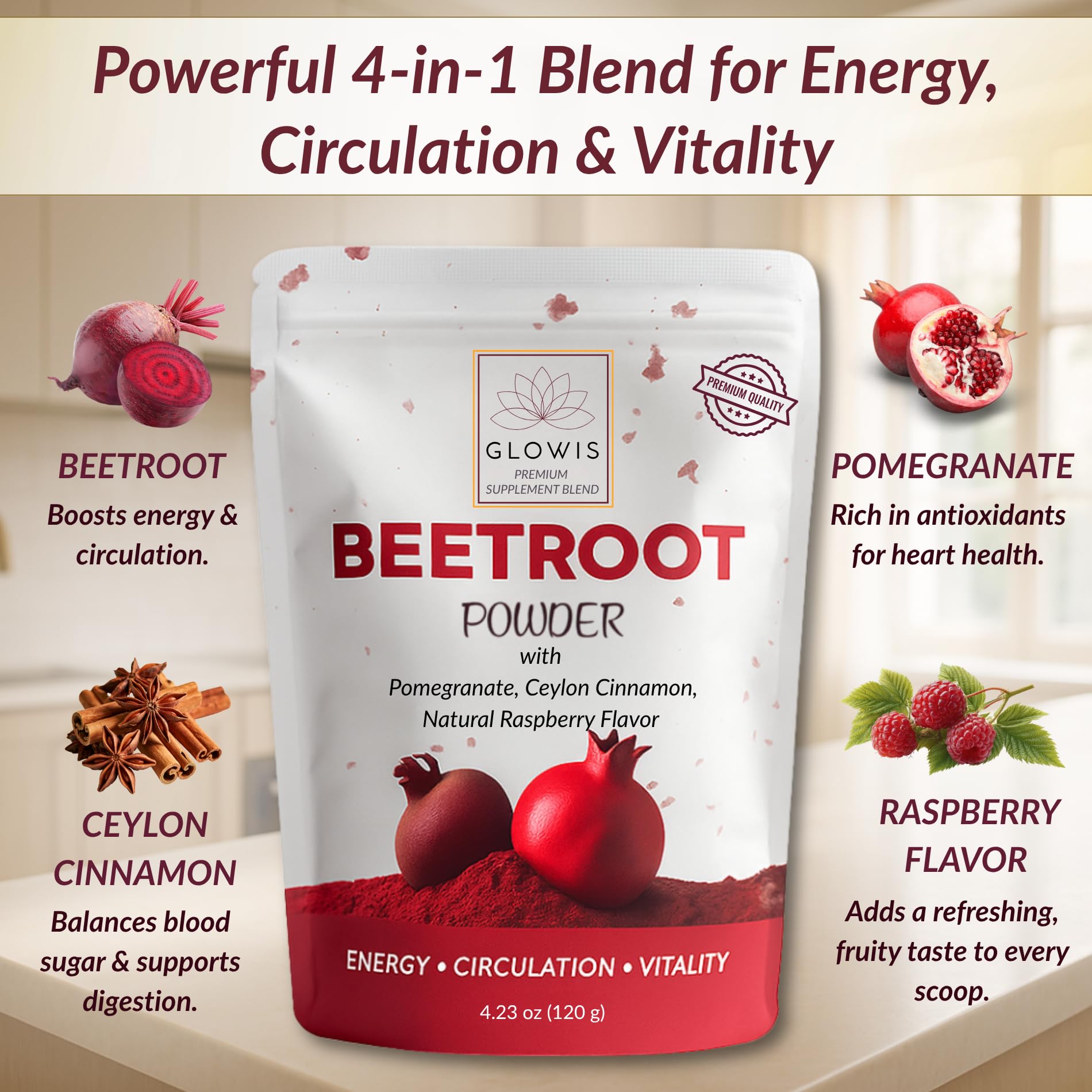 GLOWIS beet root powder smoothie-bowl with vibrant color and fruity notes